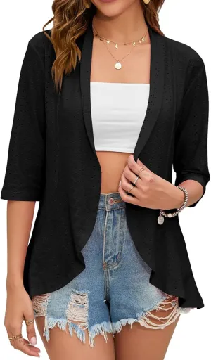 Womens Summer 3/4 Sleeve Open Front Cardigan Lightweight Draped Ruffle Casual Tops