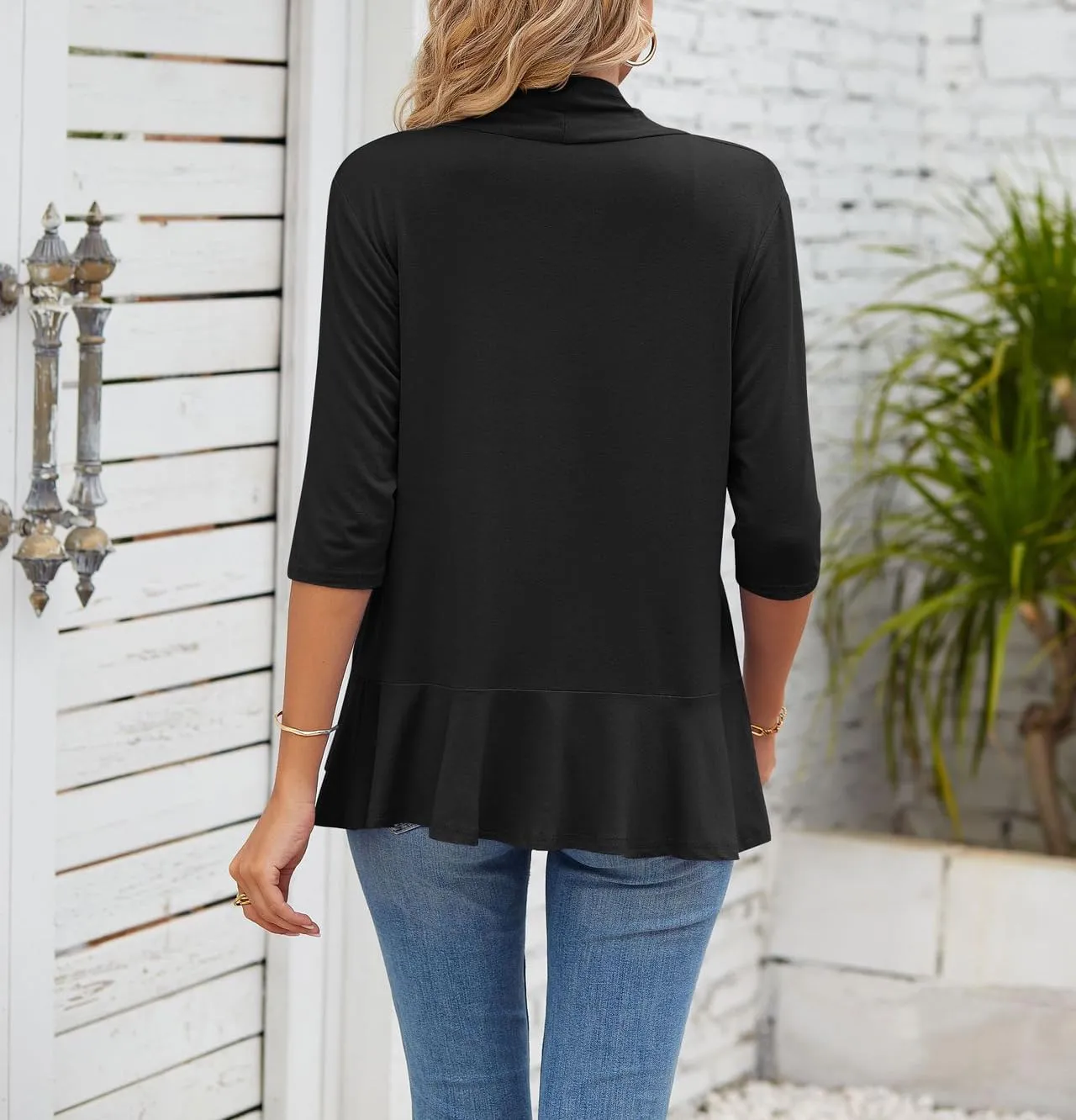 Womens Summer 3/4 Sleeve Open Front Cardigan Lightweight Draped Ruffle Casual Tops