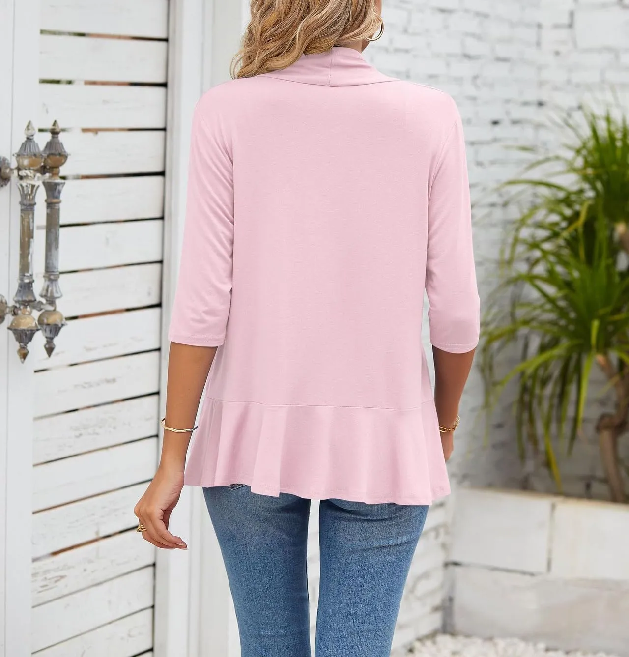 Womens Summer 3/4 Sleeve Open Front Cardigan Lightweight Draped Ruffle Casual Tops