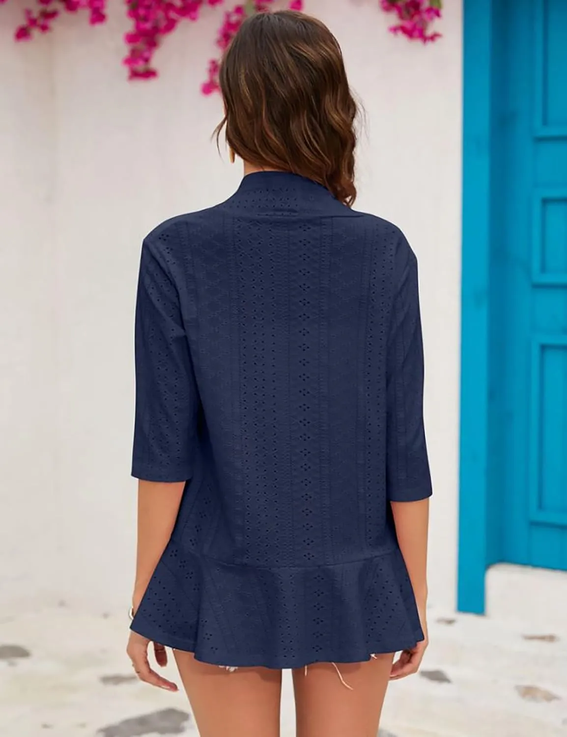 Womens Summer 3/4 Sleeve Open Front Cardigan Lightweight Draped Ruffle Casual Tops