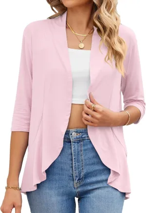 Womens Summer 3/4 Sleeve Open Front Cardigan Lightweight Draped Ruffle Casual Tops