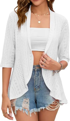 Womens Summer 3/4 Sleeve Open Front Cardigan Lightweight Draped Ruffle Casual Tops