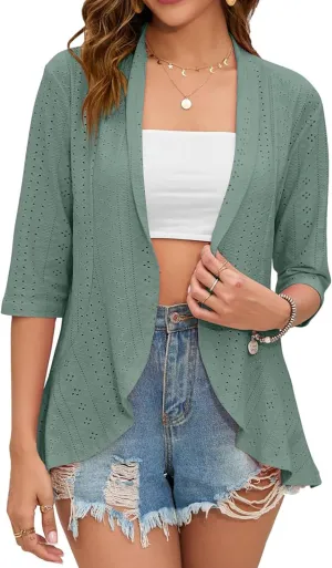 Womens Summer 3/4 Sleeve Open Front Cardigan Lightweight Draped Ruffle Casual Tops
