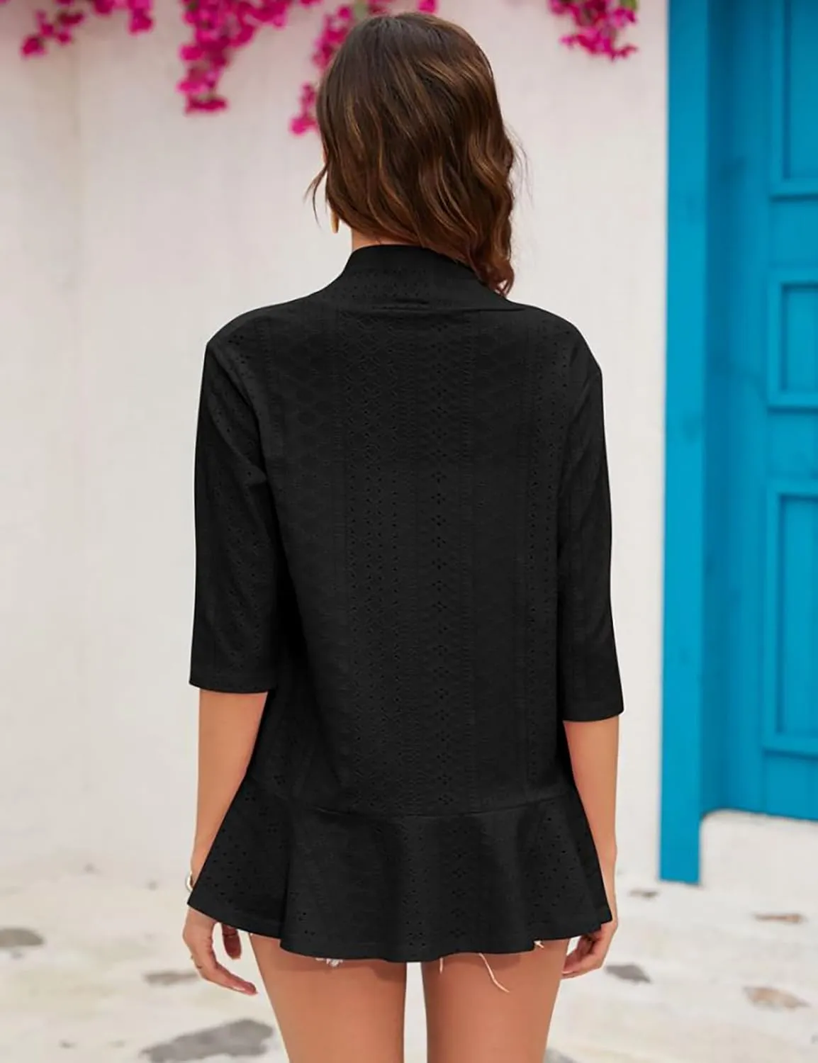 Womens Summer 3/4 Sleeve Open Front Cardigan Lightweight Draped Ruffle Casual Tops