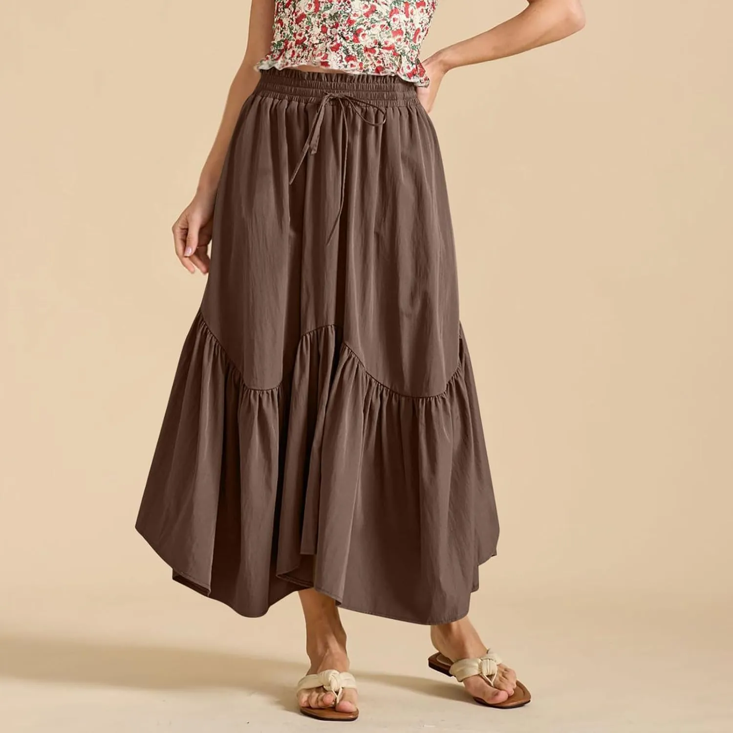 WomenS Summer Boho Flowy Swing Tiered A-Line Maxi Skirt 2025 Fashion Trendy Elastic Waist Pleated Long Beach Dress