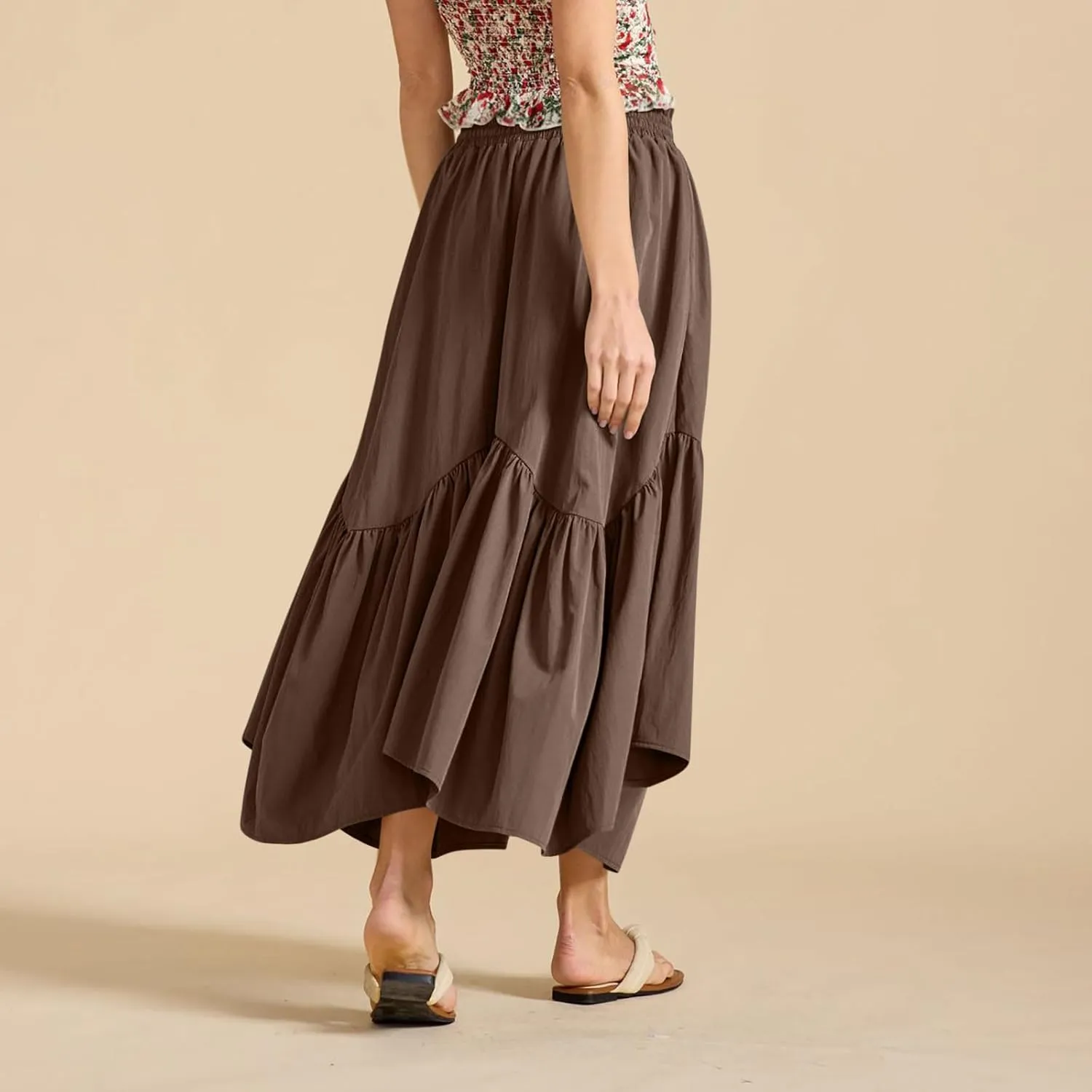 WomenS Summer Boho Flowy Swing Tiered A-Line Maxi Skirt 2025 Fashion Trendy Elastic Waist Pleated Long Beach Dress