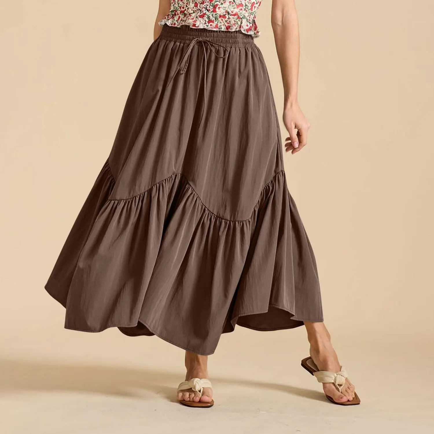 WomenS Summer Boho Flowy Swing Tiered A-Line Maxi Skirt 2025 Fashion Trendy Elastic Waist Pleated Long Beach Dress