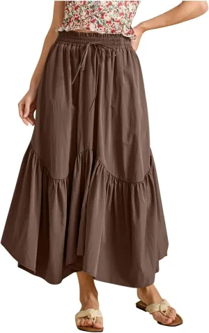 WomenS Summer Boho Flowy Swing Tiered A-Line Maxi Skirt 2025 Fashion Trendy Elastic Waist Pleated Long Beach Dress