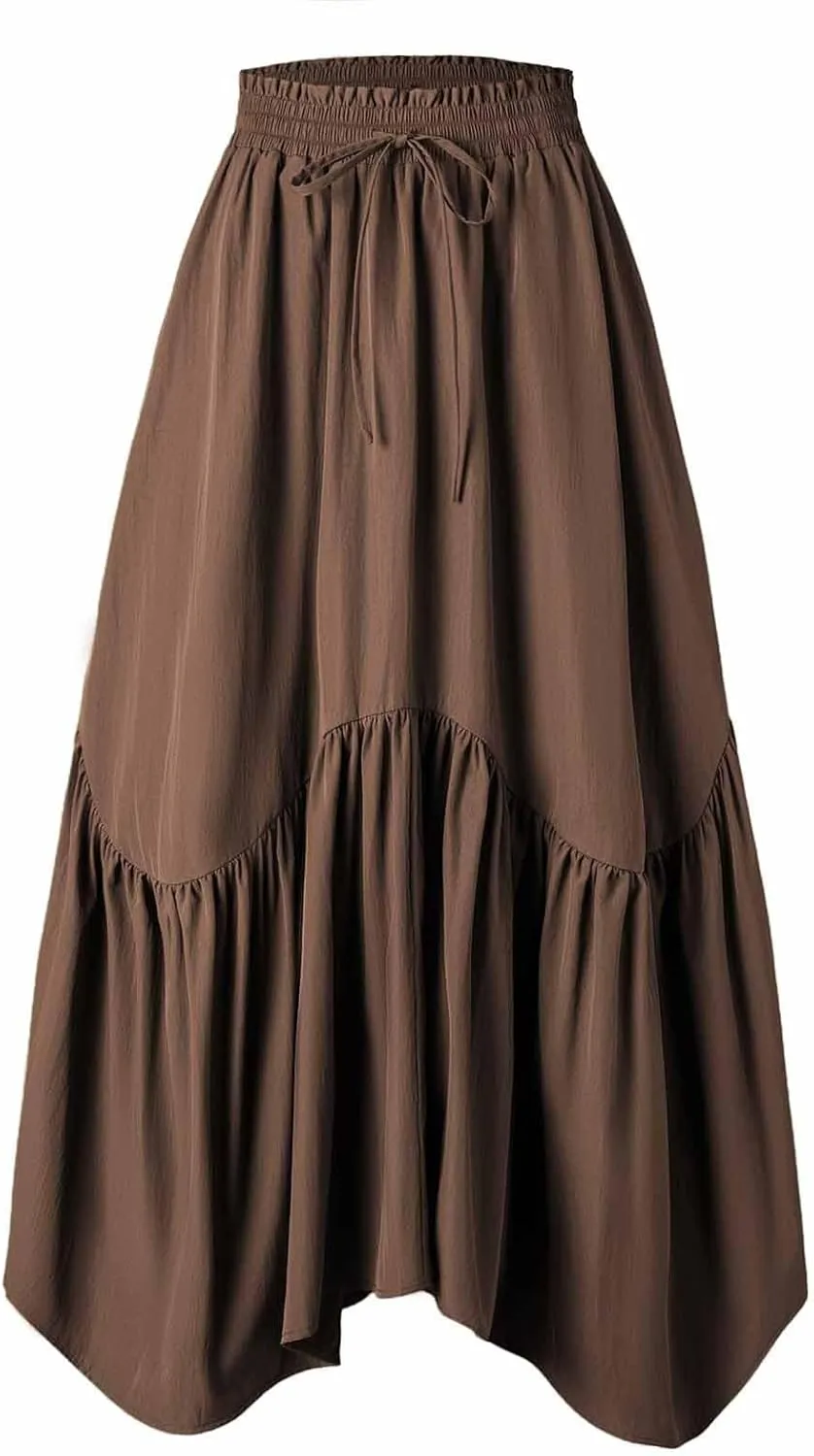 WomenS Summer Boho Flowy Swing Tiered A-Line Maxi Skirt 2025 Fashion Trendy Elastic Waist Pleated Long Beach Dress