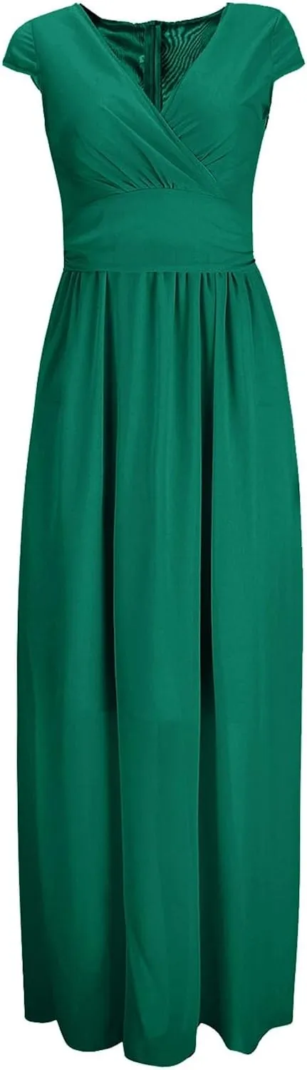 Womens Summer Chiffon Short Slit Sleeve V Neck Ruffled Wrap Wedding Bridesmaid Long Maxi Dresses for Women Summer