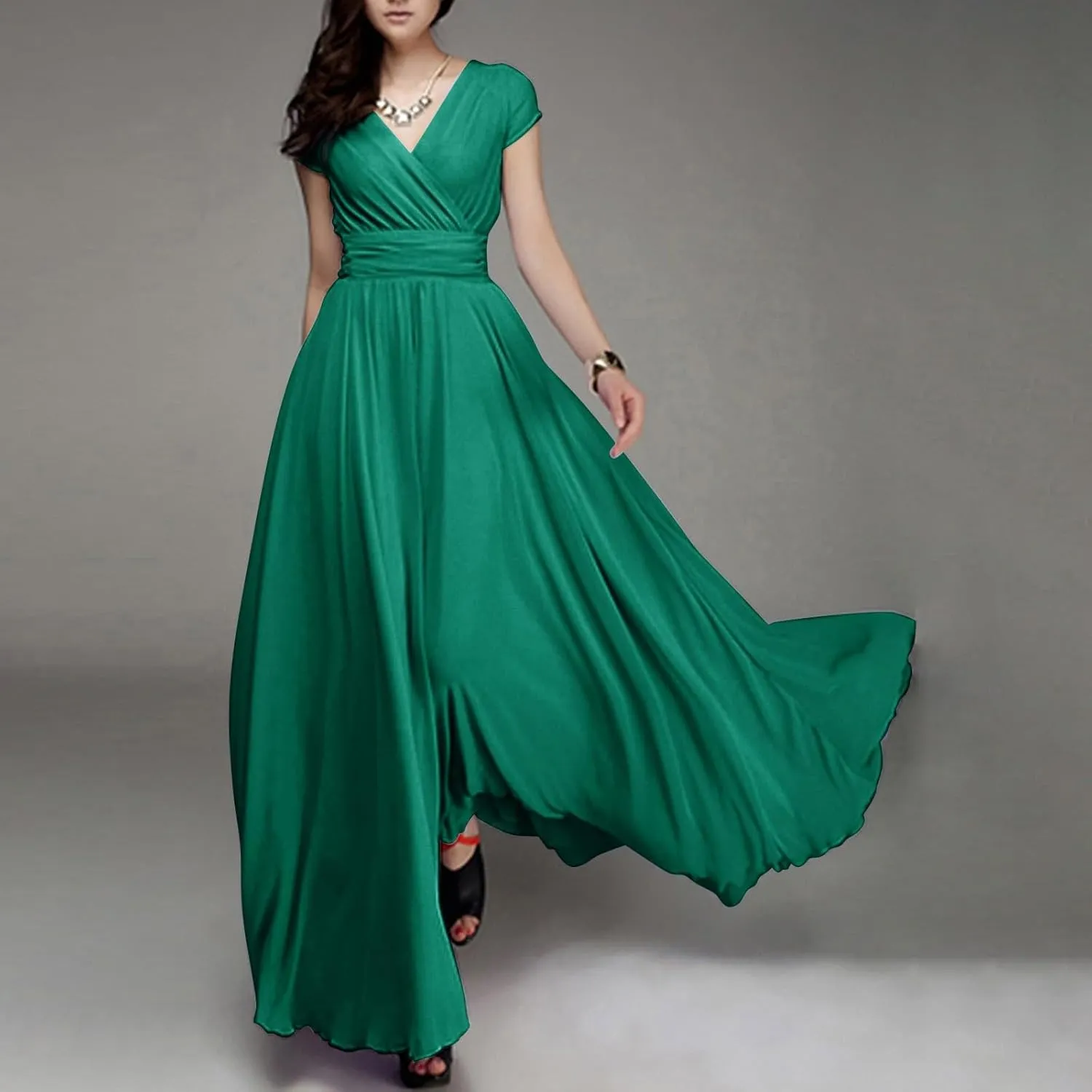 Womens Summer Chiffon Short Slit Sleeve V Neck Ruffled Wrap Wedding Bridesmaid Long Maxi Dresses for Women Summer