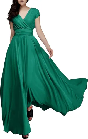 Womens Summer Chiffon Short Slit Sleeve V Neck Ruffled Wrap Wedding Bridesmaid Long Maxi Dresses for Women Summer