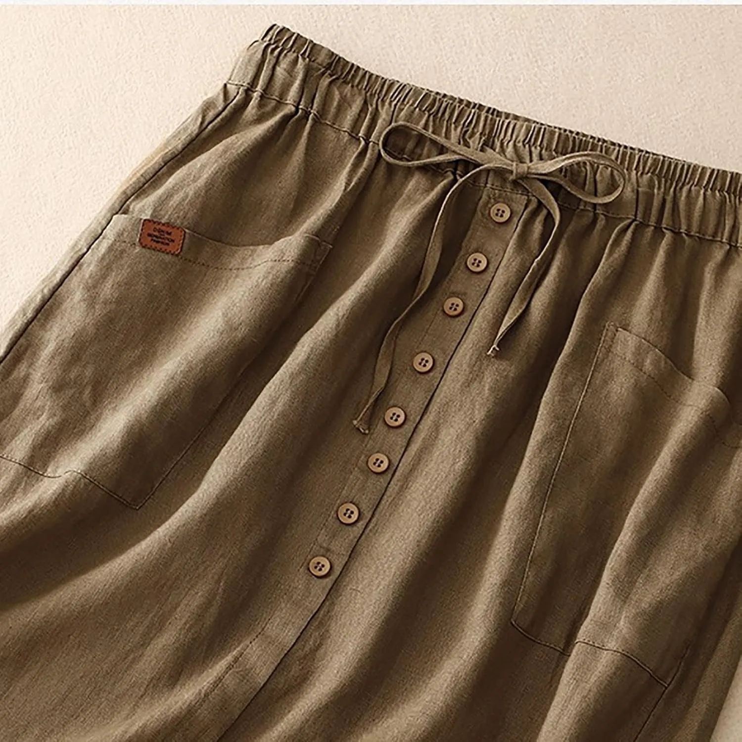 Womens Summer Cotton Linen Midi Skirt Fashion Front Split Elastic Waist Long Skirts with Pockets