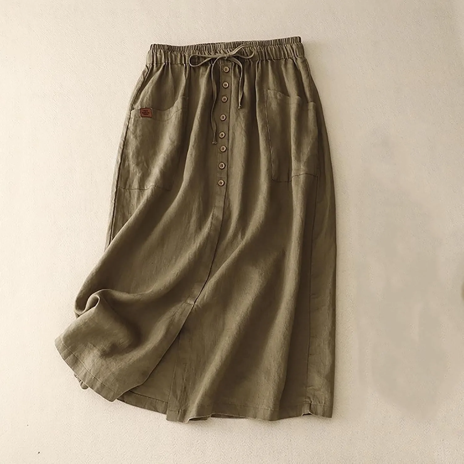 Womens Summer Cotton Linen Midi Skirt Fashion Front Split Elastic Waist Long Skirts with Pockets