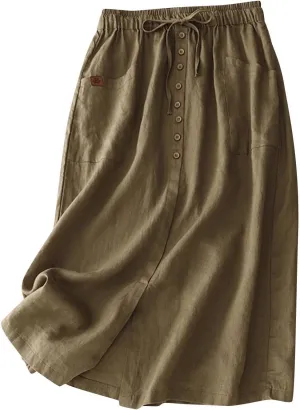 Womens Summer Cotton Linen Midi Skirt Fashion Front Split Elastic Waist Long Skirts with Pockets
