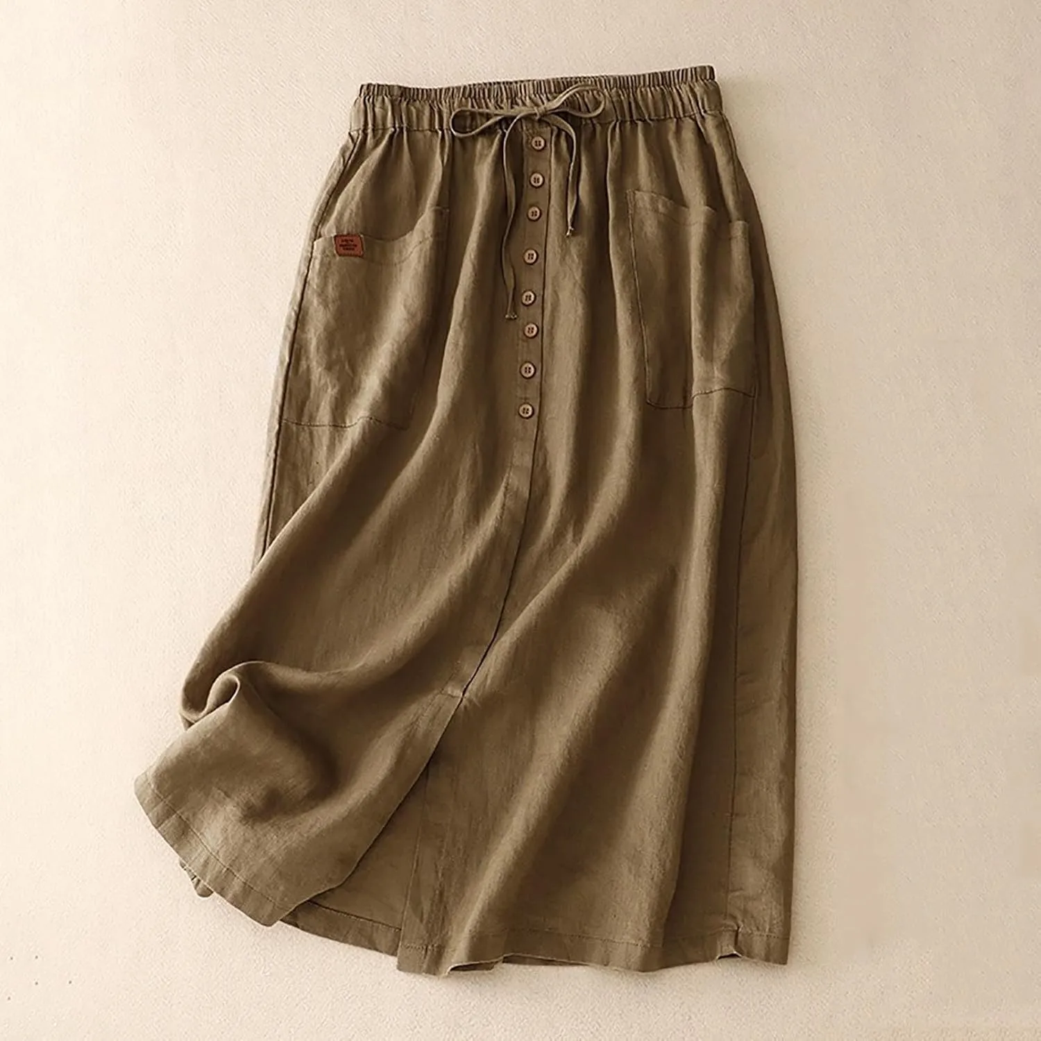 Womens Summer Cotton Linen Midi Skirt Fashion Front Split Elastic Waist Long Skirts with Pockets