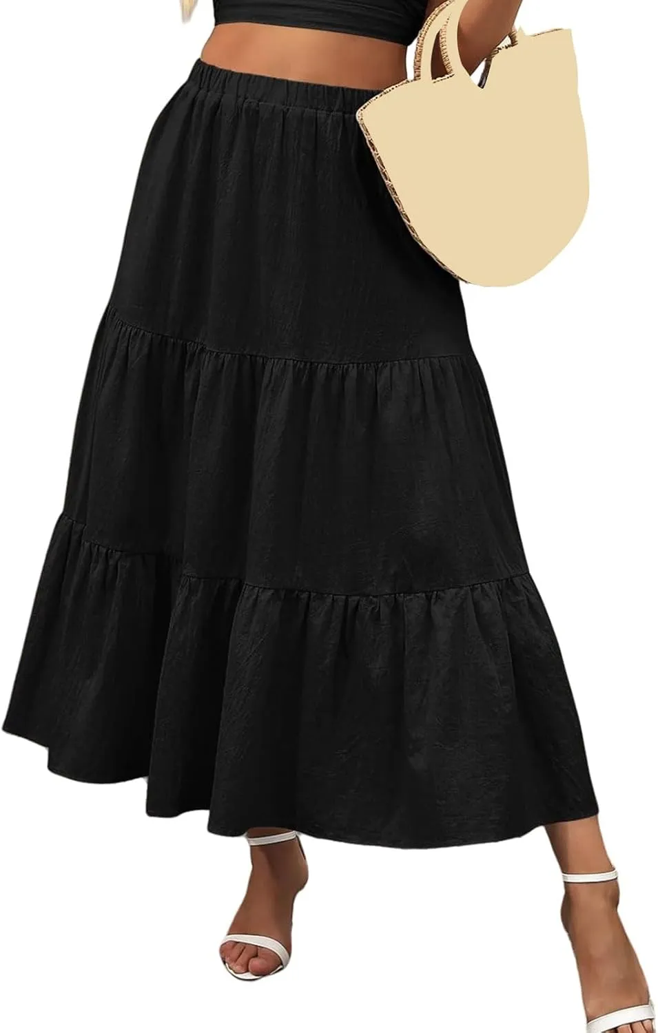 Women's Summer Maxi Skirt Elastic High Waist A-Line Tiered Swing Long Skirts Ruffle Pleated Long Beach Dress