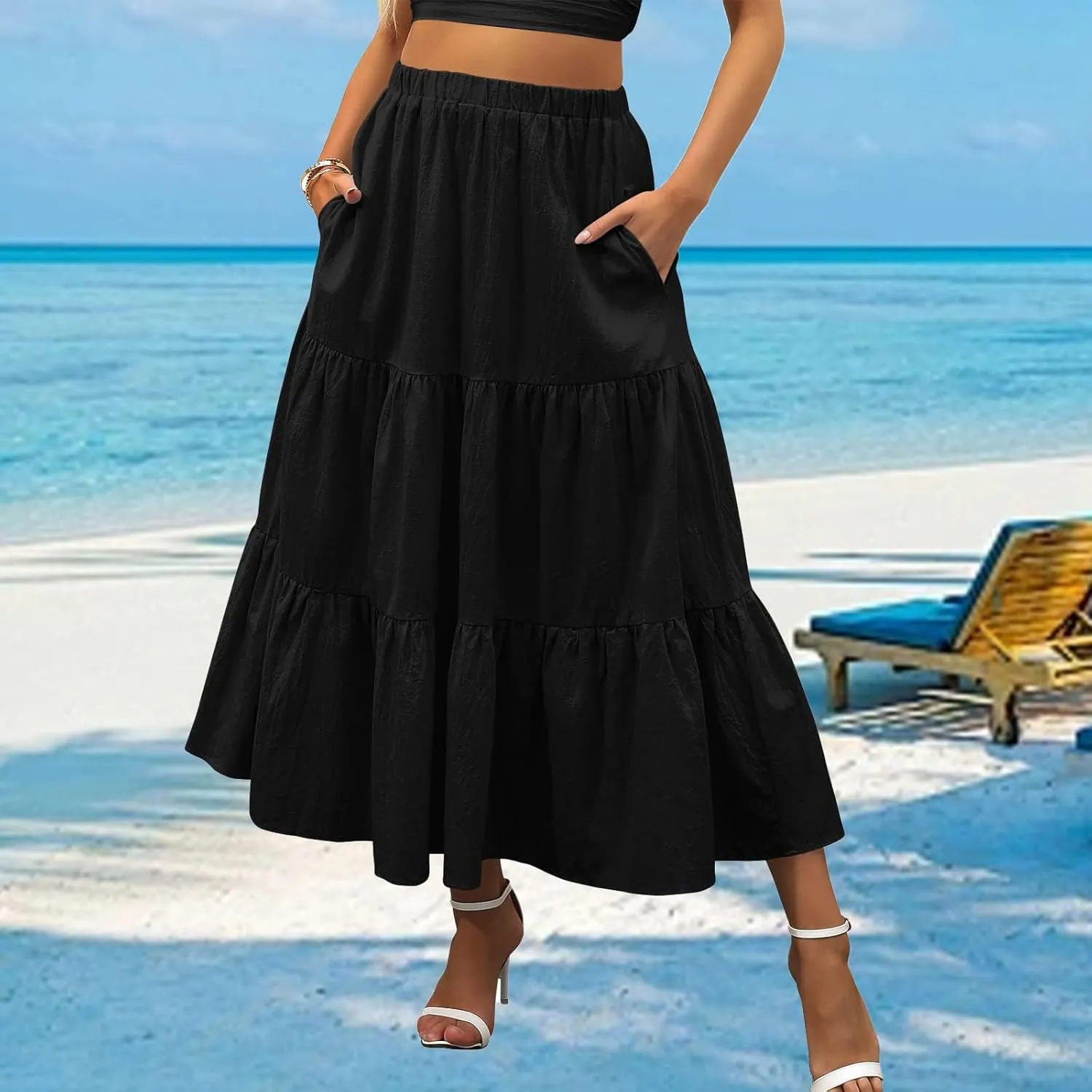Women's Summer Maxi Skirt Elastic High Waist A-Line Tiered Swing Long Skirts Ruffle Pleated Long Beach Dress