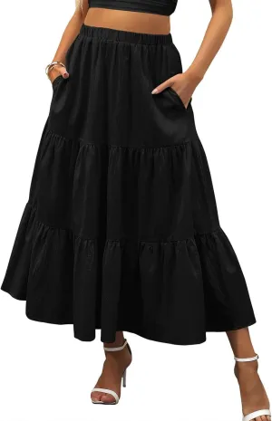 Women's Summer Maxi Skirt Elastic High Waist A-Line Tiered Swing Long Skirts Ruffle Pleated Long Beach Dress