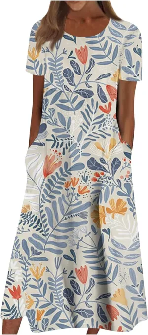 Women's Summer Short Sleeve A-Line Midi Dresses Casual Floral T-Shirt Dress Flowy Beach Sundress with Pockets