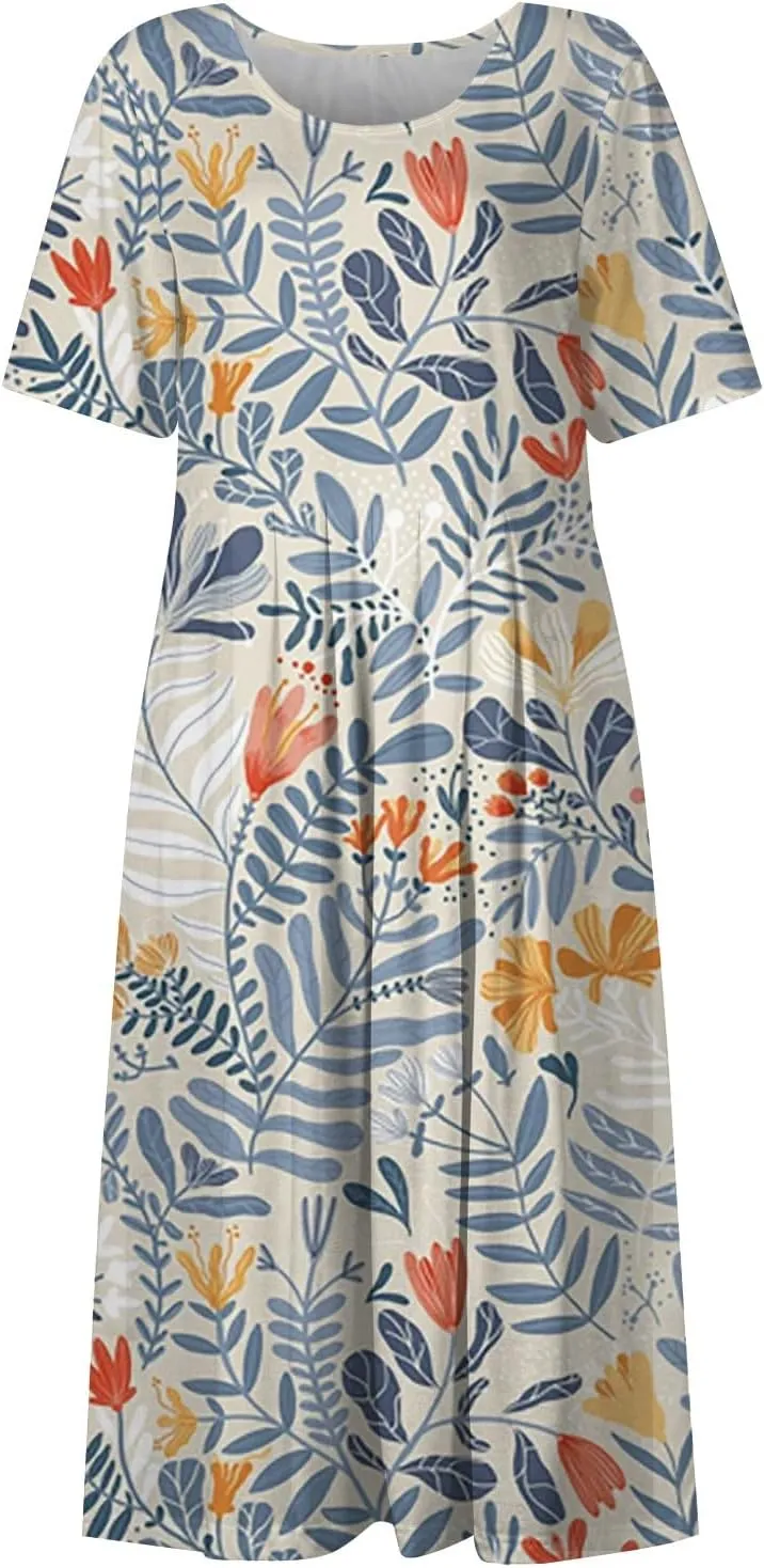 Women's Summer Short Sleeve A-Line Midi Dresses Casual Floral T-Shirt Dress Flowy Beach Sundress with Pockets