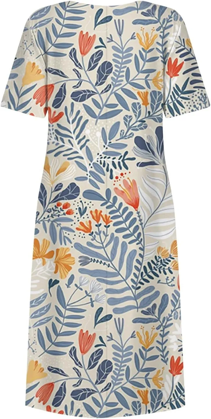 Women's Summer Short Sleeve A-Line Midi Dresses Casual Floral T-Shirt Dress Flowy Beach Sundress with Pockets