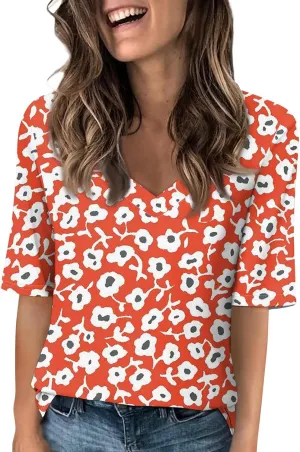 Womens Summer Tops Half Sleeve V Neck Tees Floral Print Shirts Casual Trendy Blouses Graphic Clothing