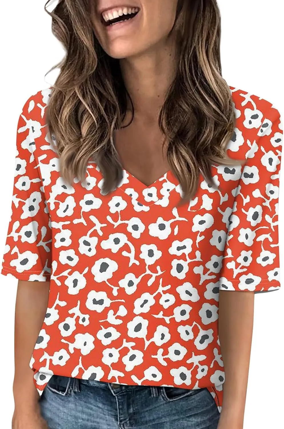 Womens Summer Tops Half Sleeve V Neck Tees Floral Print Shirts Casual Trendy Blouses Graphic Clothing