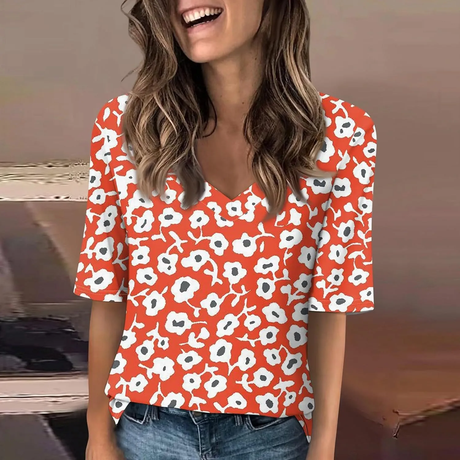 Womens Summer Tops Half Sleeve V Neck Tees Floral Print Shirts Casual Trendy Blouses Graphic Clothing