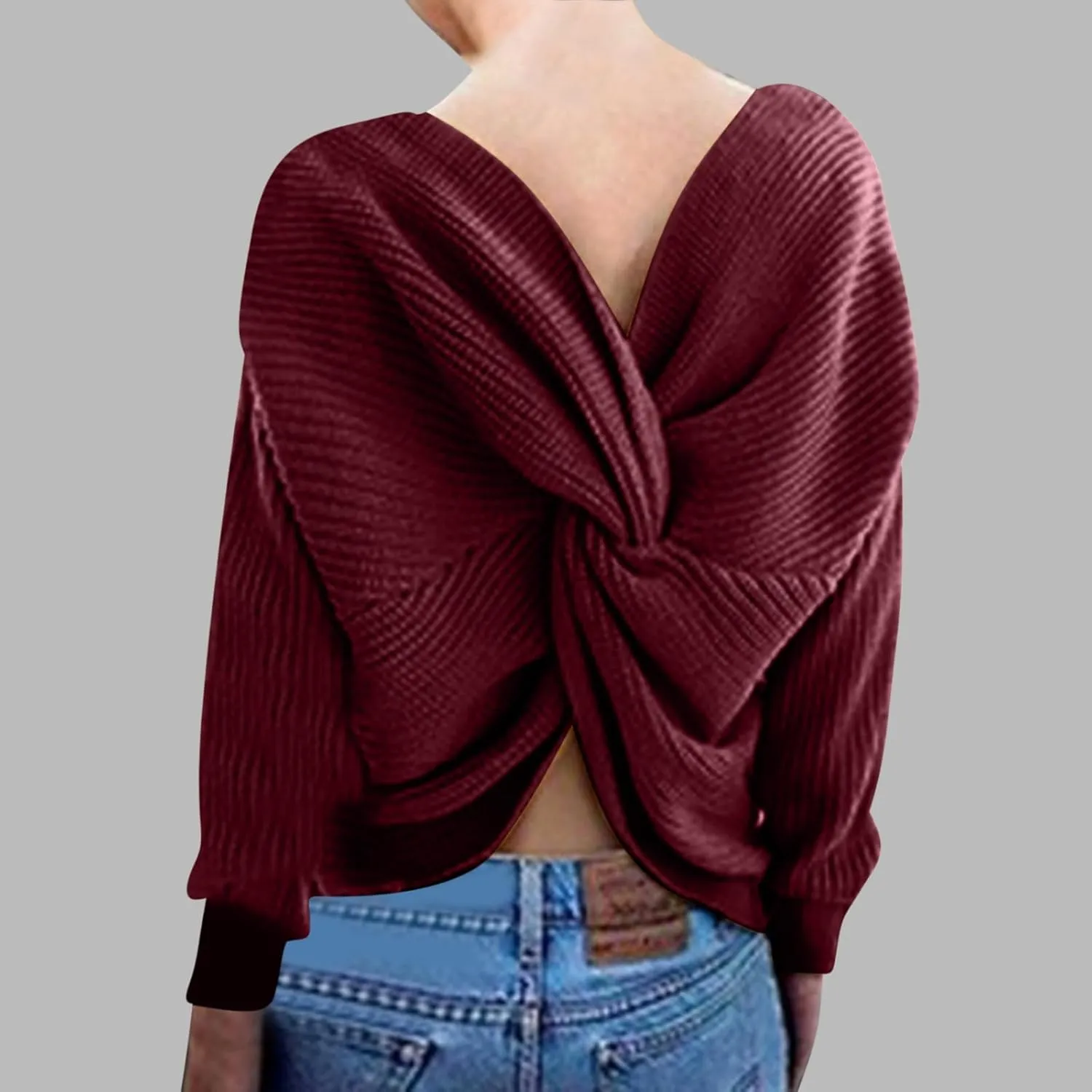 Womens Sweaters V Neck Long Sleeve Knitted Pullovers Fashion Twisted Back Cable Knit Chunky Loose Jumper Sweater