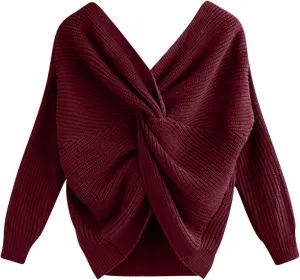 Womens Sweaters V Neck Long Sleeve Knitted Pullovers Fashion Twisted Back Cable Knit Chunky Loose Jumper Sweater