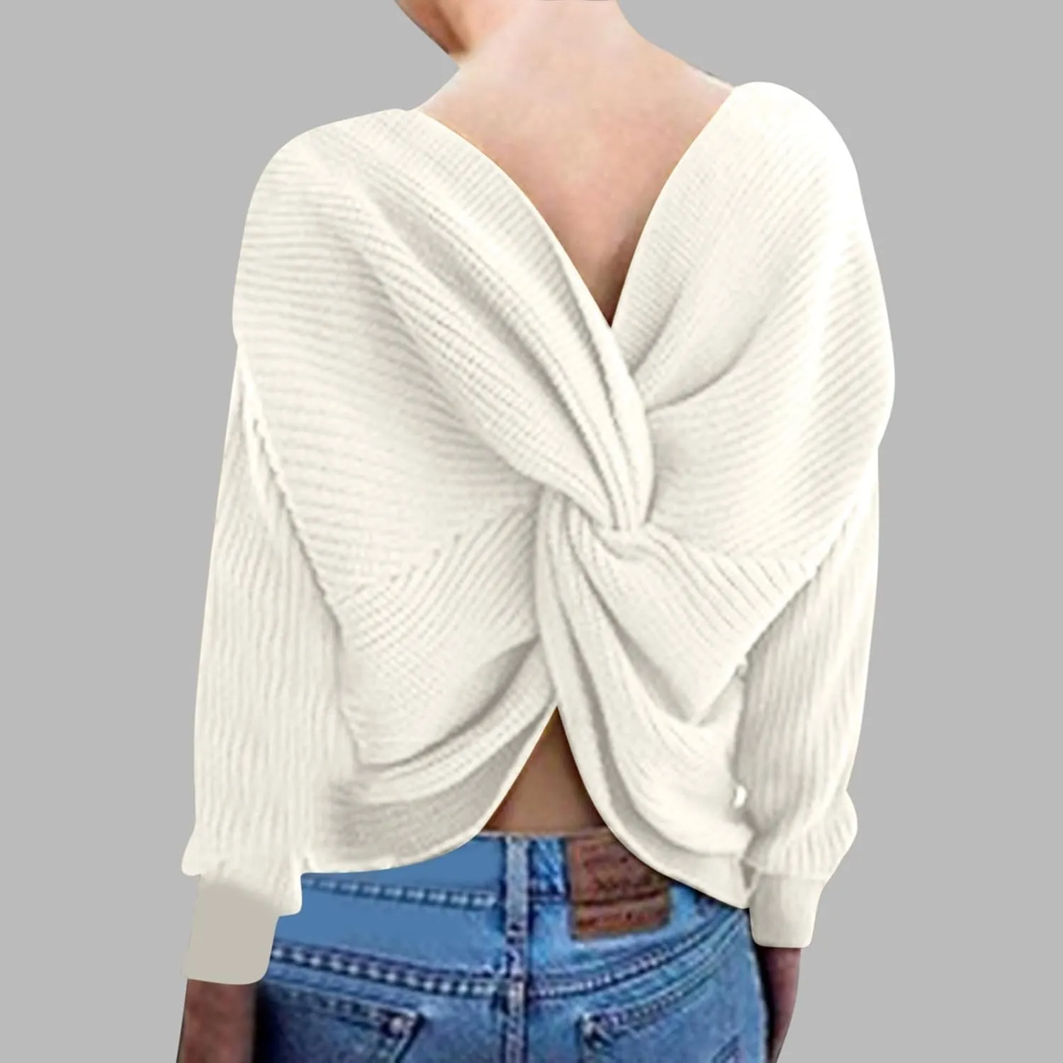 Womens Sweaters V Neck Long Sleeve Knitted Pullovers Fashion Twisted Back Cable Knit Chunky Loose Jumper Sweater