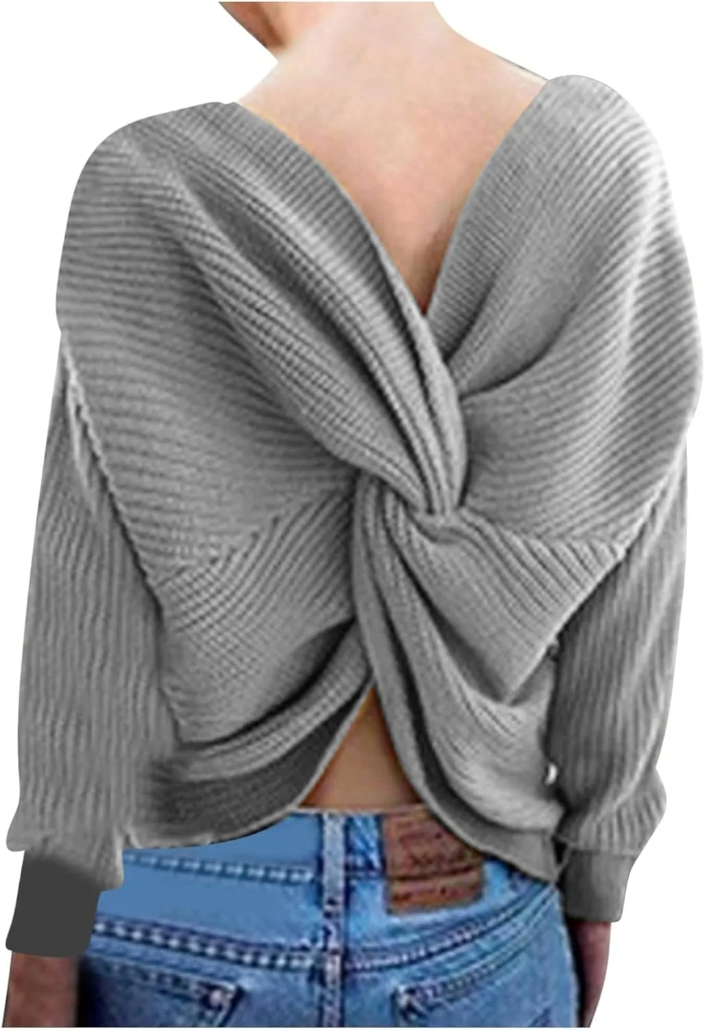 Womens Sweaters V Neck Long Sleeve Knitted Pullovers Fashion Twisted Back Cable Knit Chunky Loose Jumper Sweater