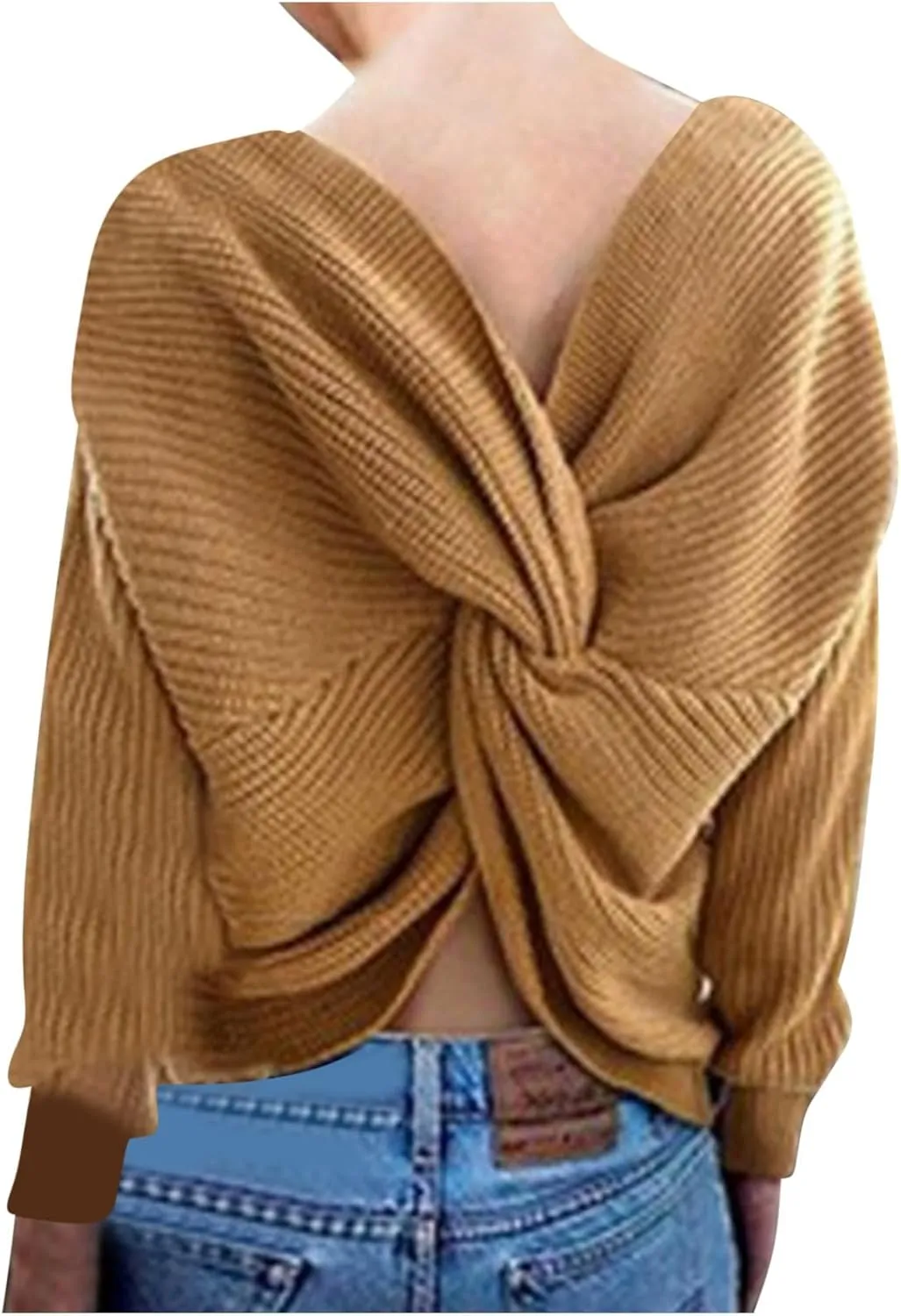 Womens Sweaters V Neck Long Sleeve Knitted Pullovers Fashion Twisted Back Cable Knit Chunky Loose Jumper Sweater