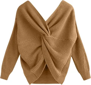 Womens Sweaters V Neck Long Sleeve Knitted Pullovers Fashion Twisted Back Cable Knit Chunky Loose Jumper Sweater