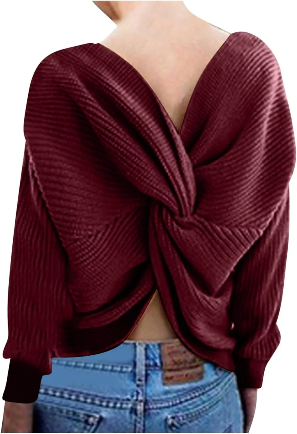 Womens Sweaters V Neck Long Sleeve Knitted Pullovers Fashion Twisted Back Cable Knit Chunky Loose Jumper Sweater