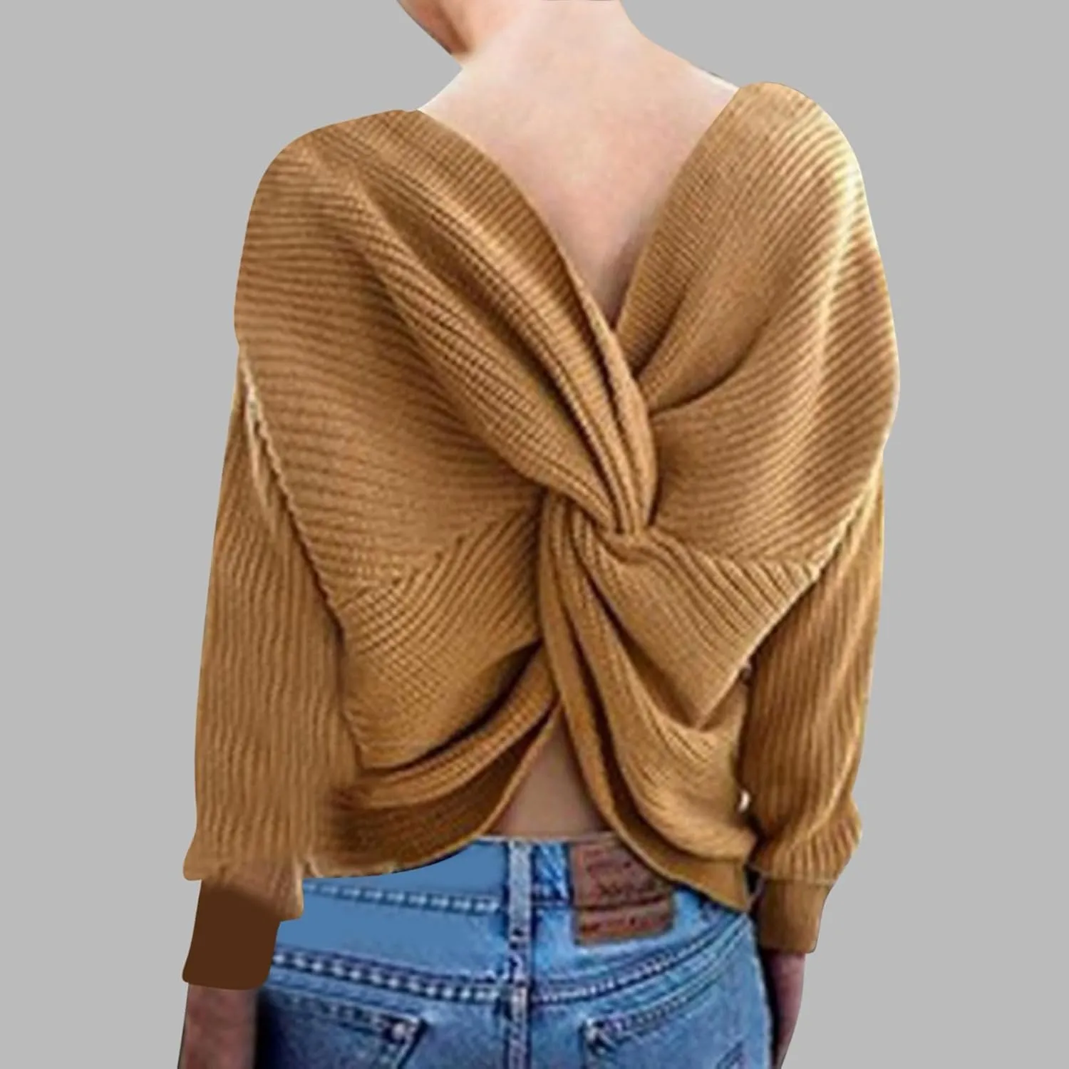 Womens Sweaters V Neck Long Sleeve Knitted Pullovers Fashion Twisted Back Cable Knit Chunky Loose Jumper Sweater