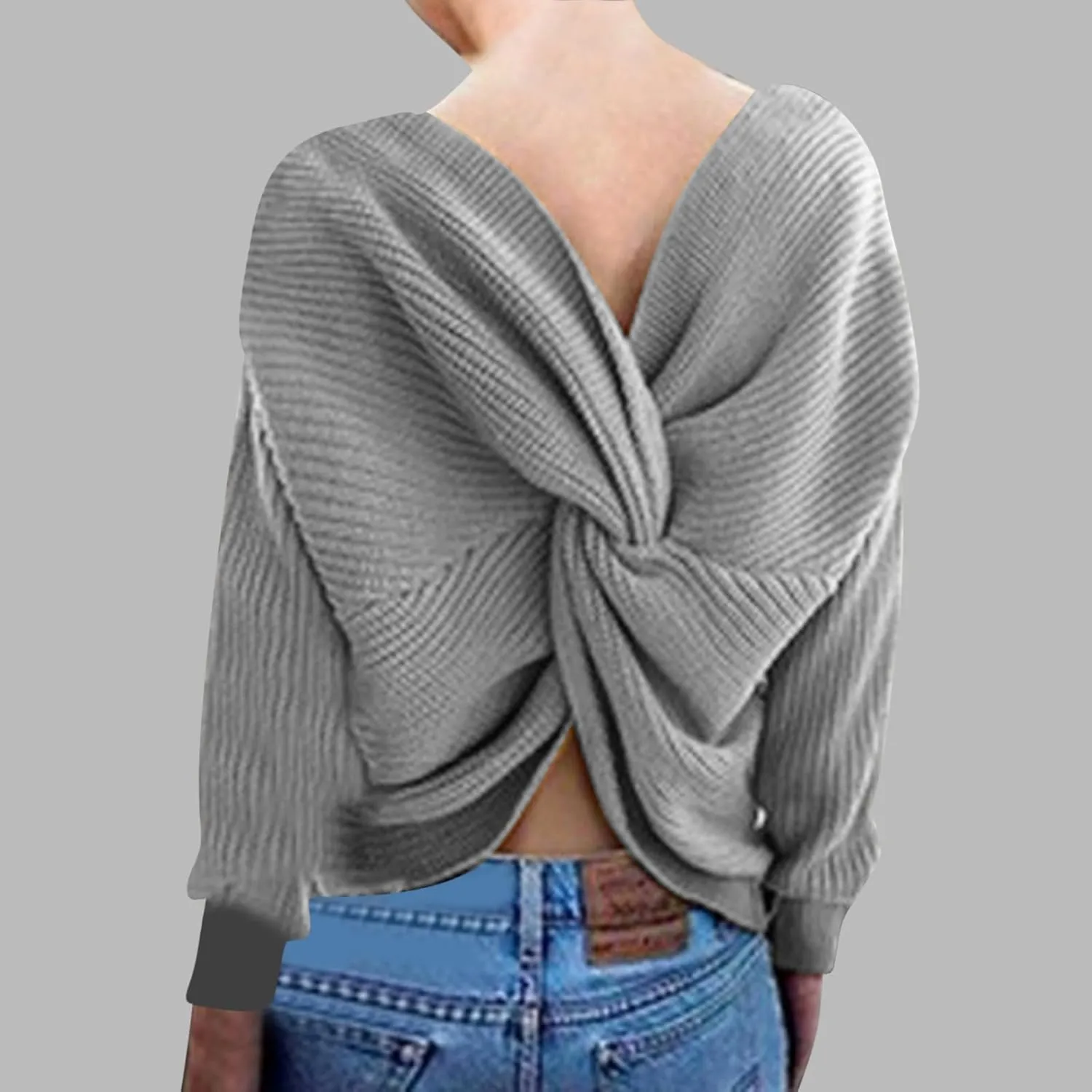 Womens Sweaters V Neck Long Sleeve Knitted Pullovers Fashion Twisted Back Cable Knit Chunky Loose Jumper Sweater