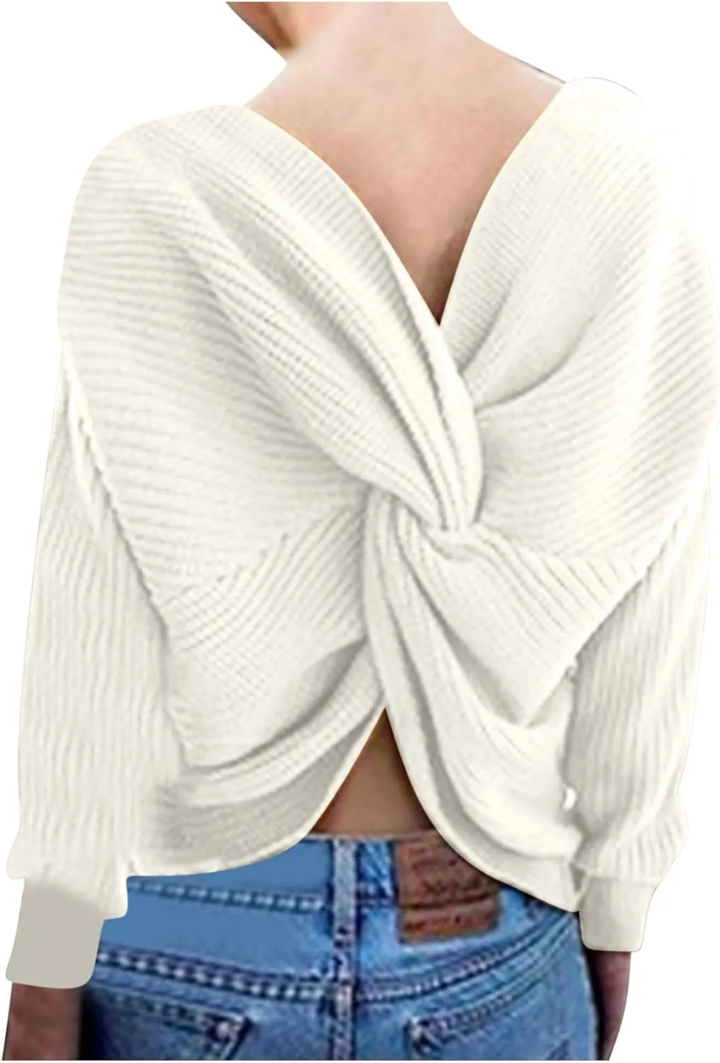 Womens Sweaters V Neck Long Sleeve Knitted Pullovers Fashion Twisted Back Cable Knit Chunky Loose Jumper Sweater
