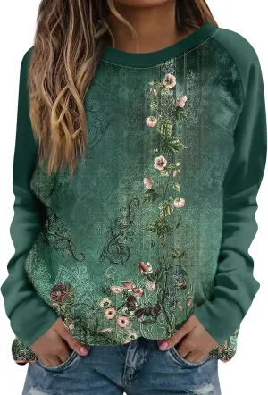 Womens Sweatshirts Floral Print Long Sleeve Casual Tops Crewneck Trendy Vintage Clothing Sweater