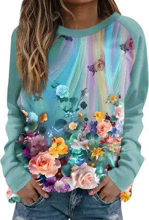 Womens Sweatshirts Floral Print Long Sleeve Casual Tops Crewneck Trendy Vintage Clothing Sweater