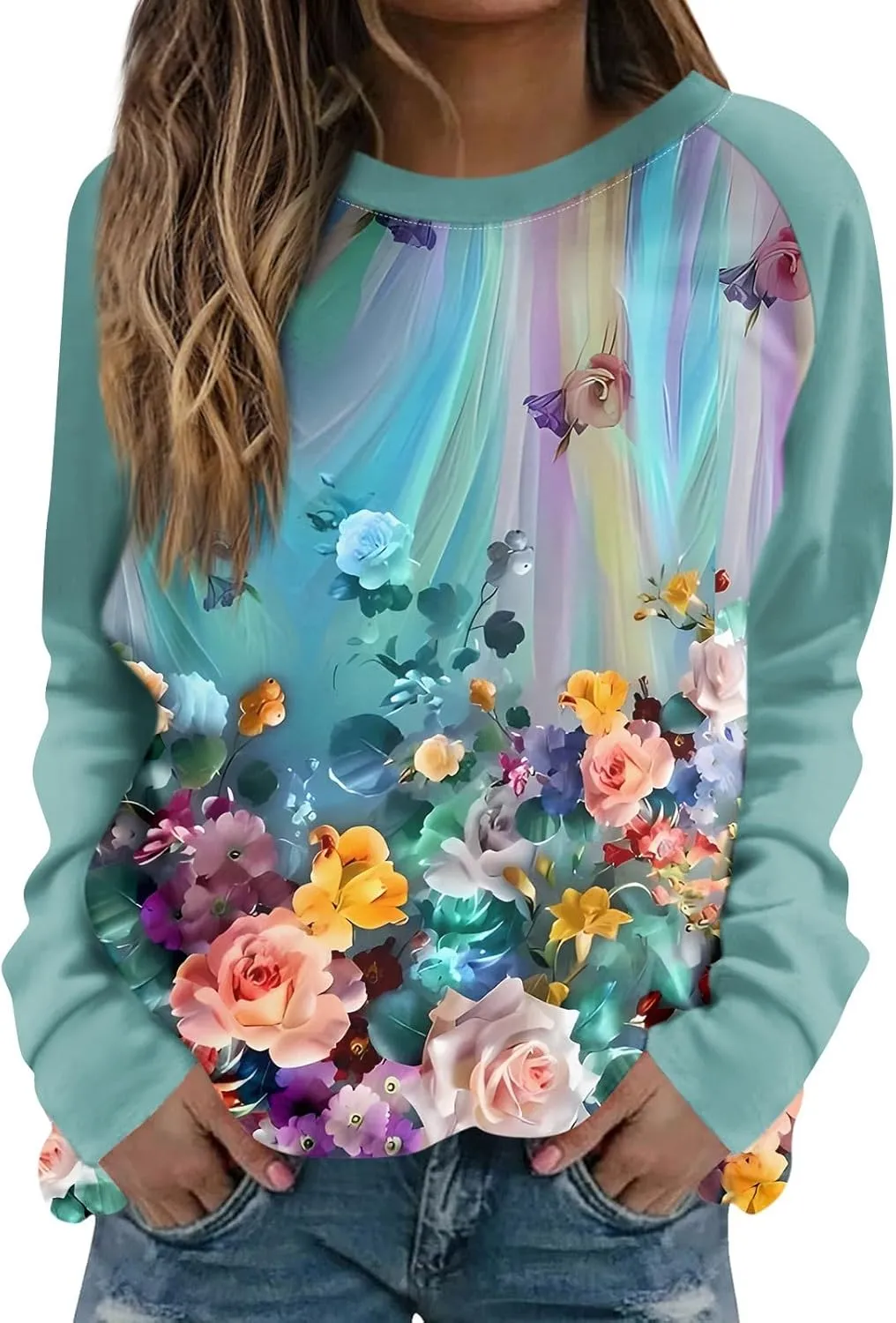 Womens Sweatshirts Floral Print Long Sleeve Casual Tops Crewneck Trendy Vintage Clothing Sweater
