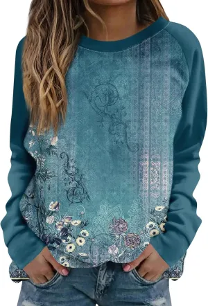 Womens Sweatshirts Floral Print Long Sleeve Casual Tops Crewneck Trendy Vintage Clothing Sweater