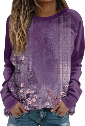Womens Sweatshirts Floral Print Long Sleeve Casual Tops Crewneck Trendy Vintage Clothing Sweater