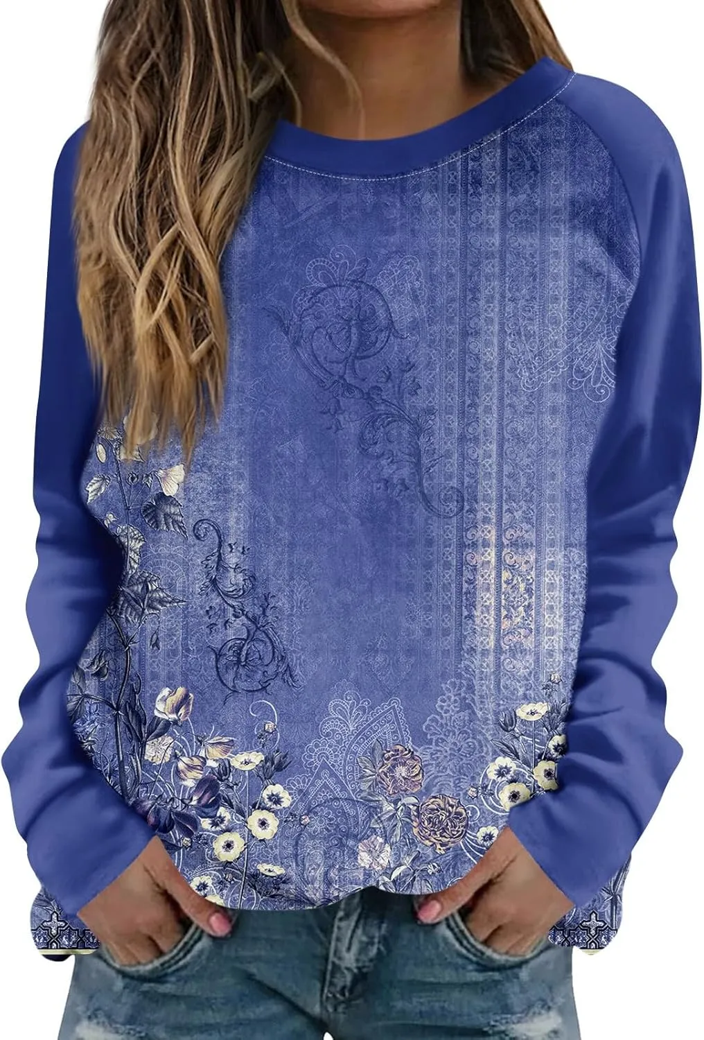 Womens Sweatshirts Floral Print Long Sleeve Casual Tops Crewneck Trendy Vintage Clothing Sweater
