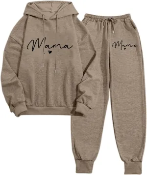 Womens Sweatsuits 2 Piece Lounge Set Mama Heart Print Hooded Sweatshirt Jogger Sweatpants Tracksuit with Pockets