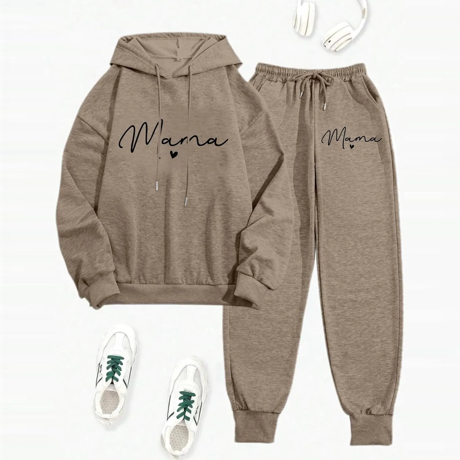 Womens Sweatsuits 2 Piece Lounge Set Mama Heart Print Hooded Sweatshirt Jogger Sweatpants Tracksuit with Pockets