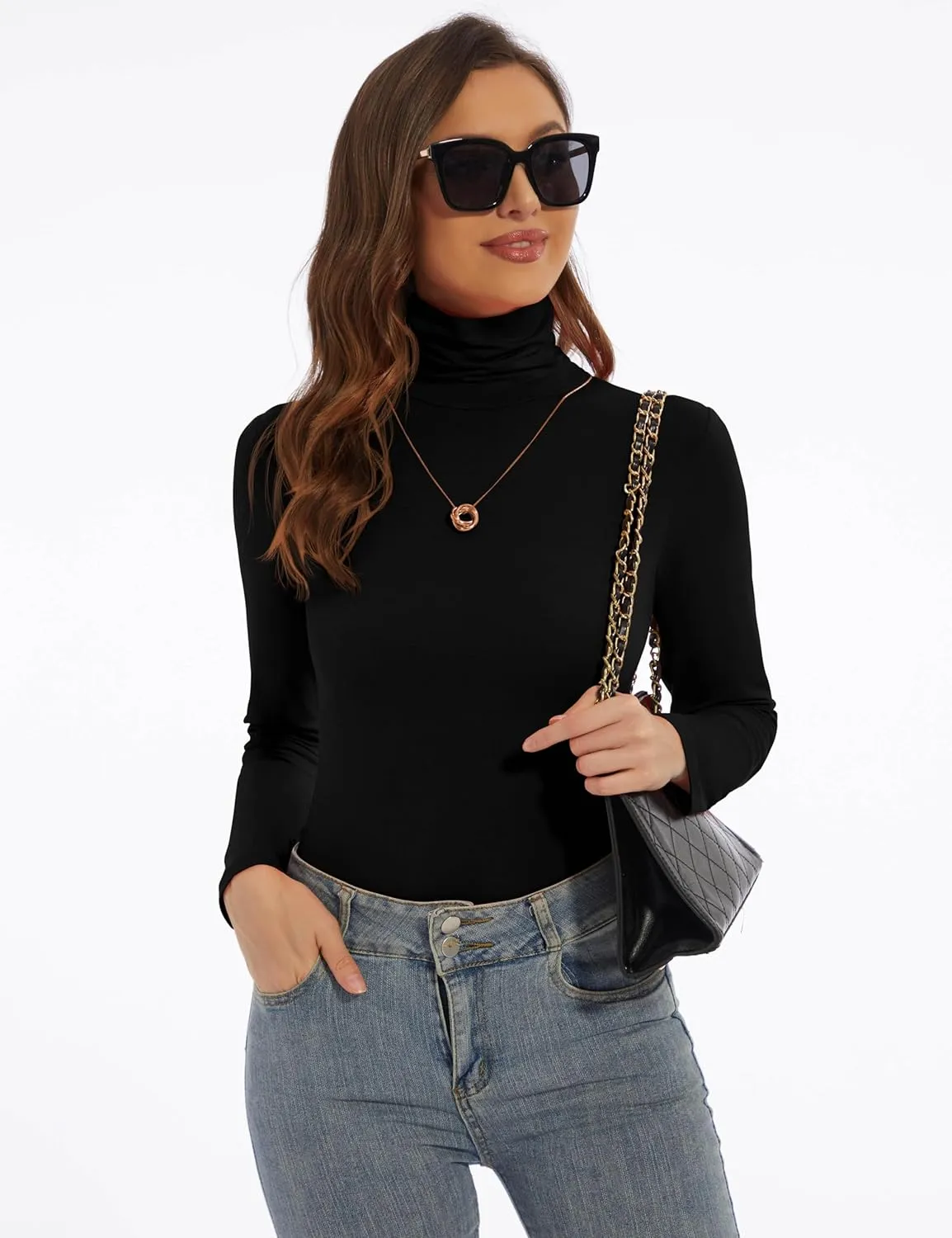 Women's Turtleneck Long Sleeve Shirts Slim Fitted Lightweight Base Layer Casual Tops