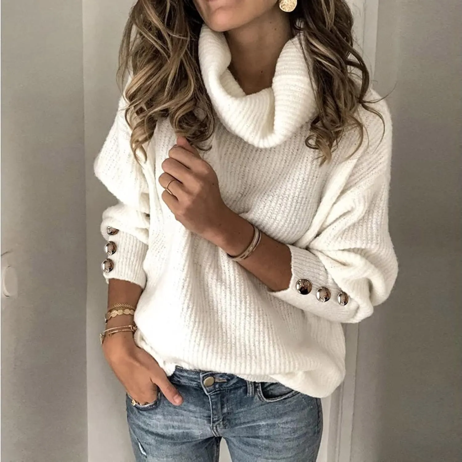 Women's Turtleneck Sweaters Chunky Oversized Pullover Cowl Neck Long Sleeve Trendy Winter Slouchy Loose Knit Sweaters