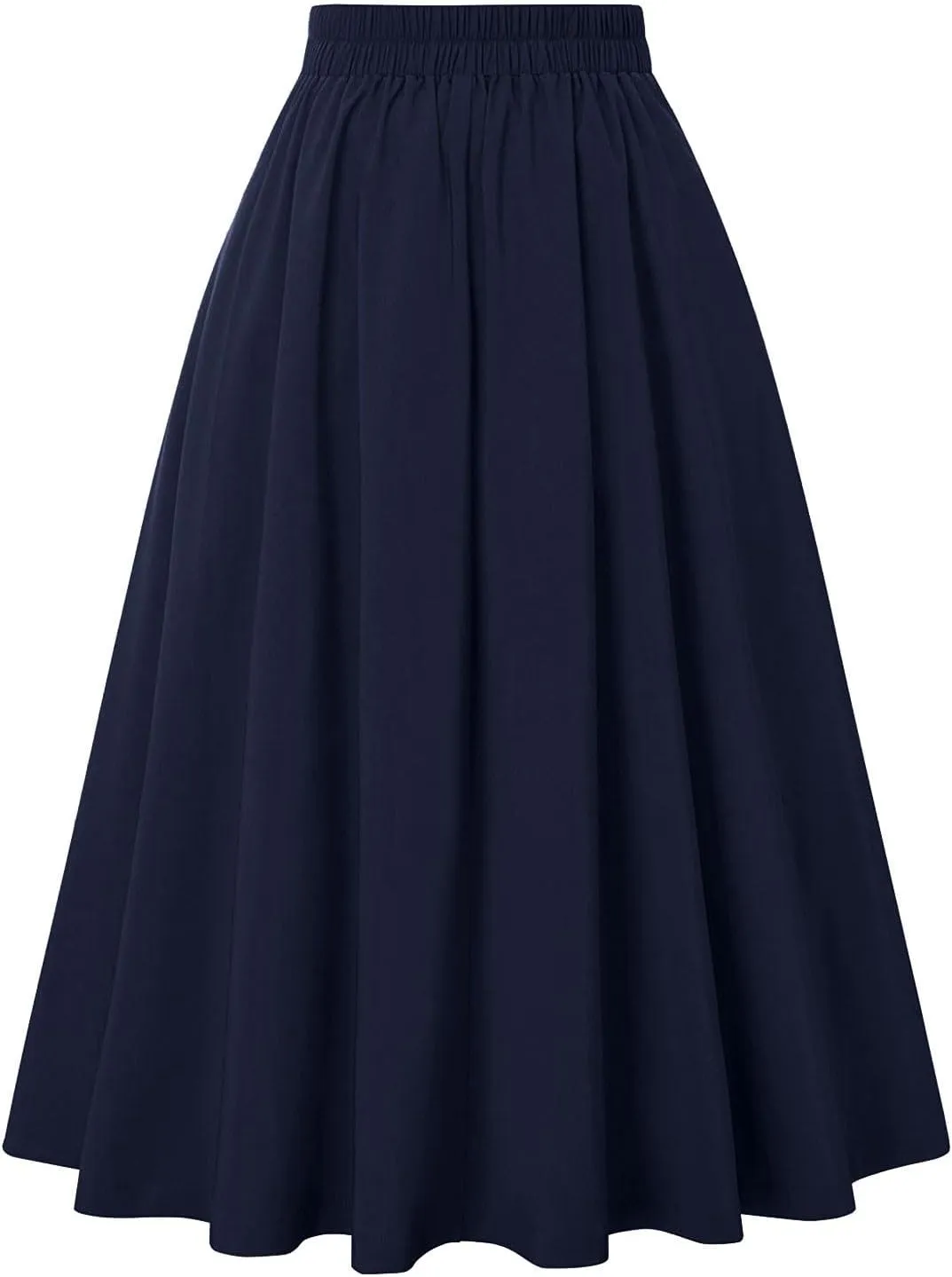 Women's Vintage High Waisted Skirts Casual Button Deco Midi A-Line Skirt Elastic Waist Flowy Skirts with Pockets